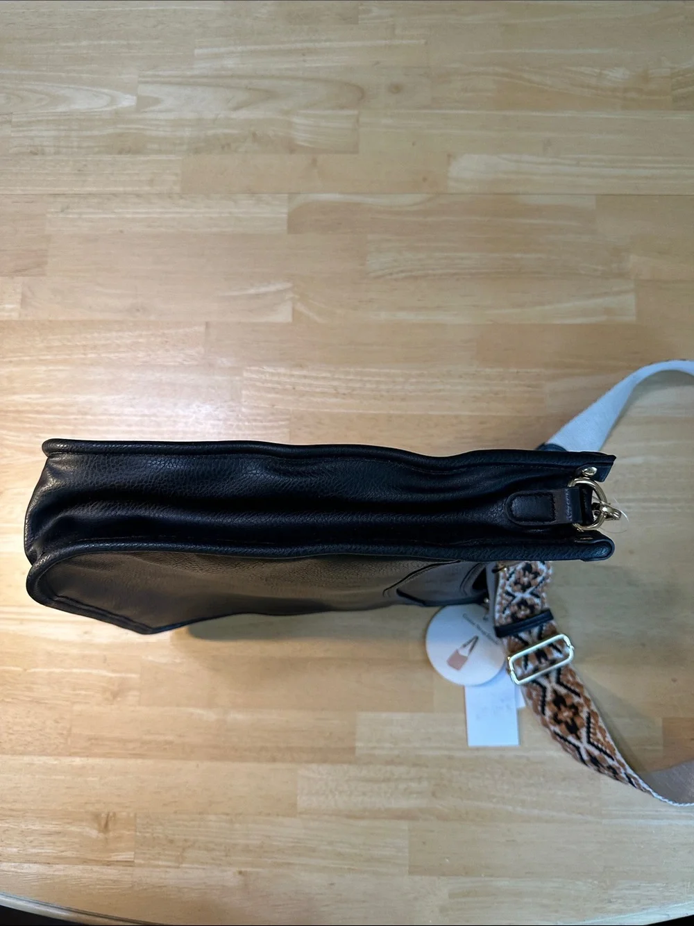 Metro Black Vegan Leather Crossbody with Patterned Strap
